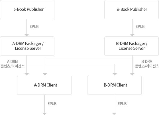 1.e-Book Publisher EPUB, e-Book Publisher EPUB 2. A-DRM Packager / License Server A-DRM 콘텐츠/라이선스, B-DRM Packager / License Server B-DRM 콘텐츠/라이선스 3.A-DRM Client EPUB, B-DRM Client EPUB
